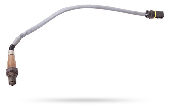 Lambda probe - oxygen sensor device designed to record tamount of remaining oxygen in the exhaust gas of car engine is located in exhaust system. Metal spare part for replacement to repair in workshop