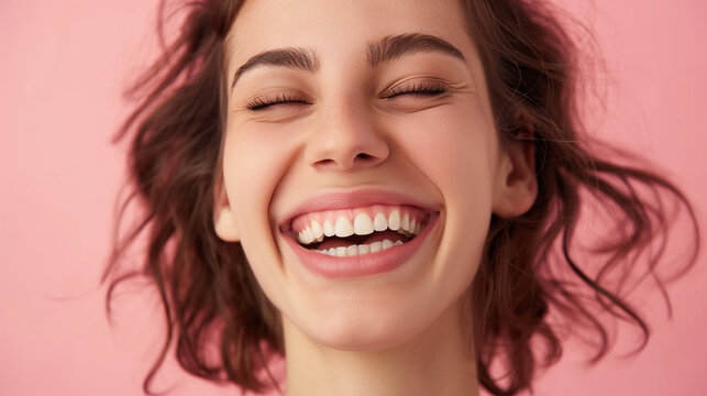 Lachen ist gesund am Weltlachtag internationaler Tag des Lachens 02. Mai Frau Portrait lacht herzlichst Generative AI 