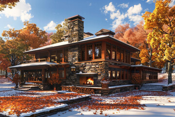 A 3D visualization of a Craftsman house in the Adirondacks, New York, designed for all seasons, with a stone fireplace, large windows for autumn leaf-peeping, and a snow-covered roof in winter.