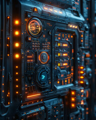 Fototapeta premium Intricate digital lock interface on a futuristic door, glowing under dim light