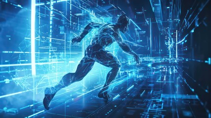 humanoid figure in dynamic motion, agility and strength, futuristic backdrop advanced nature