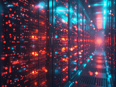 Futuristic digital landscape of a secure server, glowing lines of code, cybersecurity