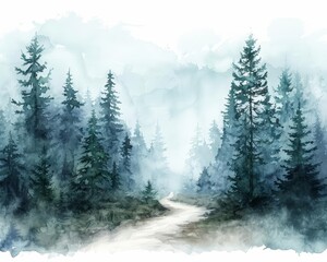 Create a watercolor painting of a dense pine forest with a path leading through it