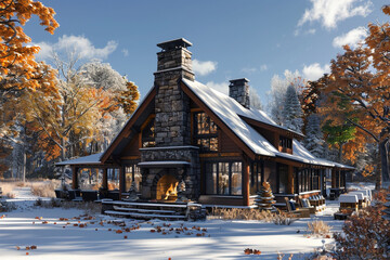 A 3D visualization of a Craftsman house in the Adirondacks, New York, designed for all seasons, with a stone fireplace, large windows for autumn leaf-peeping, and a snow-covered roof in winter.