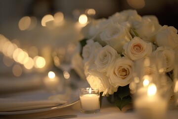 table set for an elegant wedding, featuring white and pastel roses in vases on the head table with candles, creating soft lighting.