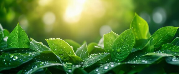 Background made of fresh green leaves with water drops. Green dynamic backdrop. - Powered by Adobe