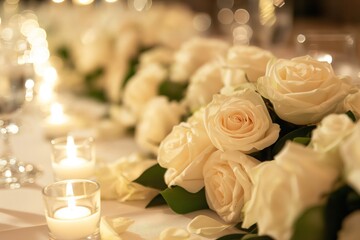 table set for an elegant wedding, featuring white and pastel roses in vases on the head table with candles, creating soft lighting.
