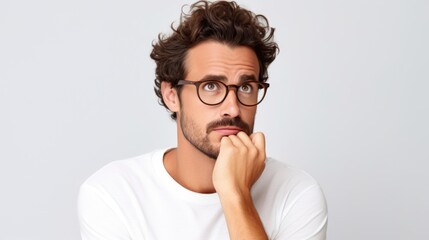 Young Man with Glasses Looking Upwards in Contemplation