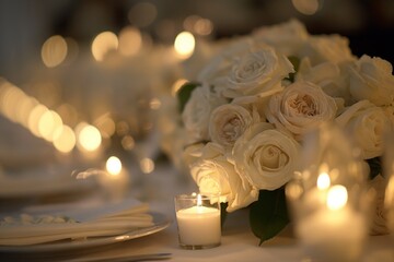 table set for an elegant wedding, featuring white and pastel roses in vases on the head table with candles, creating soft lighting.