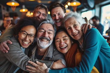 Group of diverse senior friends laughing and hugging together in a pub. - Powered by Adobe