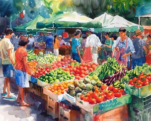 Obraz premium Vibrant watercolor painting of a bustling farmer's market