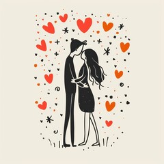 Obraz premium man and woman in love. hearts and doodled stars and hearts all around