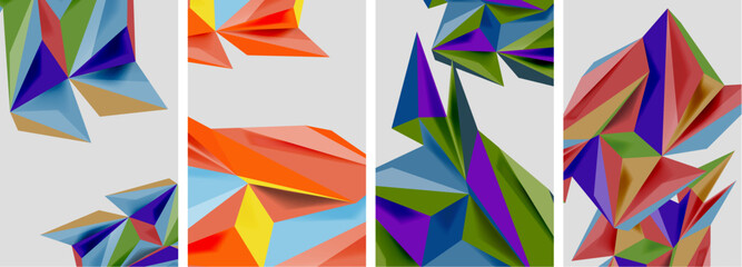 Explore a collection of four colorful geometric designs featuring rectangles, triangles, tints, and shades on a white background, showcasing the creativity and artistry of painting