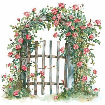 A beautiful watercolor painting of a garden gate covered in climbing pink roses