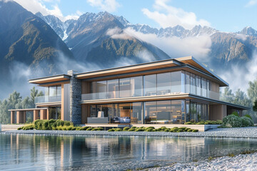 A 3D visualization of a New Zealand craftsman house on the shores of a glacial lake, with large glass windows, natural wood finishes, and a backdrop of dramatic mountain ranges shrouded in mist.