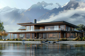 A 3D visualization of a New Zealand craftsmanhouse on the shores of a glacial lake, with large glass windows, natural wood finishes, and a backdrop of dramatic mountain ranges shrouded in mist.