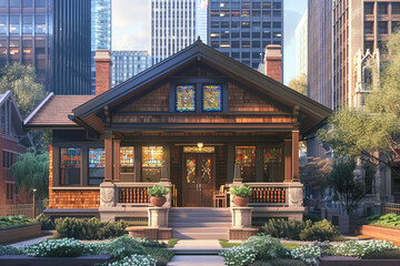 A 3D visualization of an urban Craftsman house in downtown Chicago, featuring a cozy front porch, intricate woodwork, and stained glass windows, nestled between modern skyscrapers.