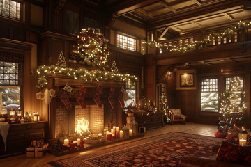 The warm, inviting interior of a craftsman home during the holiday season, with a grand fireplace, festive decorations, and the glow of string lights adding coziness.