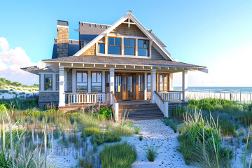 A beachside Craftsman cottage with a sun-washed exterior, casual open porches, and nautical details, offering direct access to sandy shores and ocean breezes.