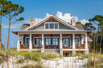 A beachside Craftsman cottage with a sun-washed exterior, casual open porches, and nautical details, offering direct access to sandy shores and ocean breezes.