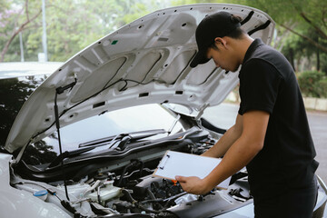 Mechanic checking engine Gather detailed information during work. Industrial plant maintenance services Until engine repair in factories, transportation, cars, vehicles