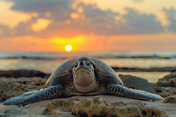A charming illustration of a turtle meditating on the beach, with a serene sunset in the background. This peaceful scene captures the tranquility of nature and the concept of mindfulness