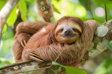 Fototapeta premium A delightful illustration of a sloth meditating while hanging from a tree branch, with its eyes closed. This unique depiction offers a humorous yet peaceful take on mindfulness