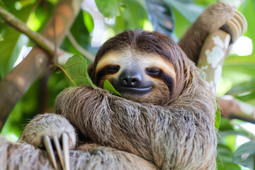 A delightful illustration of a sloth meditating while hanging from a tree branch, with its eyes closed. This unique depiction offers a humorous yet peaceful take on mindfulness