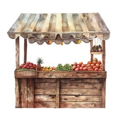 market stall with awning, realistic, wood, fruit seller, watercolor