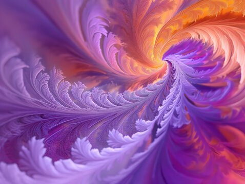 Vivid abstract swirl of purple and orange hues, resembling feathery textures.