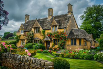A British craftsman house in the Cotswolds, with honey-colored stone walls, thatched roof, and a blooming English garden under a soft, overcast sky.