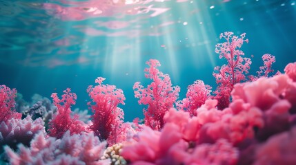 Fototapeta na wymiar A close shot of beautiful pink coral reef underwater a backdrop type image with vibrant pink color and blue water with space for text, Generative AI.