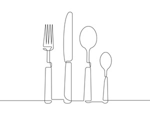 Continuous One Line Drawing. Spoons, Forks, Knife, Eating Utensils. Cooking Utensils Line Art Style for Logos, Business Cards, Banners. Black and White Minimalist Vector illustration
