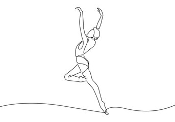 Woman Ballerina Silhouette Continuous One Line Drawing. Woman Dancer Abstract Minimal Outline Illustration. Fitness Concept with Sport Exercise Continuous One Line Drawing. Vector EPS 10.