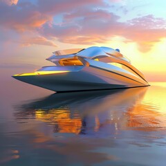 modern super yacht, dramatic sunset lighting from behind