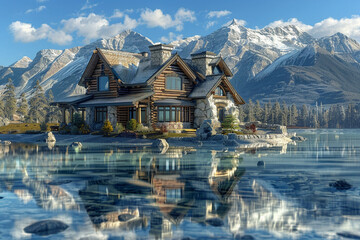 A Canadian craftsman house in the heart of the Rockies, made of logs and stone, with a backdrop of snow-capped mountains and a crystal-clear lake reflecting the vast sky.