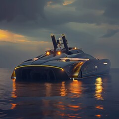 Fototapeta na wymiar modern super yacht, dramatic sunset lighting from behind