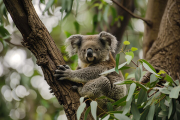 Fototapeta premium A tranquil illustration of a koala meditating calmly while perched in the fork of a eucalyptus tree. This peaceful image captures the essence of serenity and mindfulness, with the koala nestled among 