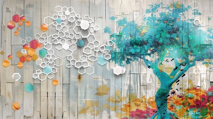 Golden hexagons blend with white lattice over oak wood, featuring abstract splashes in turquoise.