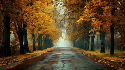 A beautiful tree lined road in an autumn park, yellow trees with some green leaves remaining - Powered by Adobe
