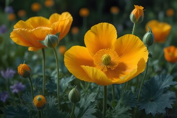 Obraz premium Close-up view of vibrant Welsh Poppy flowers against a lush green garden