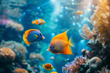 Naklejka na ściany i meble Aquarium visit for a birthday, family mesmerized by sea creatures, vivid colors of marine life all around