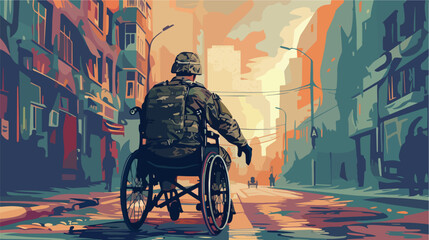 Young soldier in wheelchair on street Vector style Vector