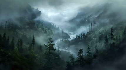 A dark and misty mountain valley with trees, a river flowing through the middle of it. - obrazy, fototapety, plakaty
