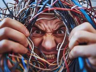 Frustrated Person Gripping Entangled Wires and Cables in Close-Up View
