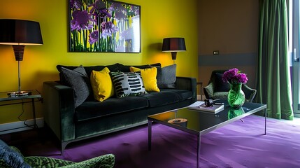 A green and yellow living room with a black sofa, table lamp on the coffee table, purple carpet