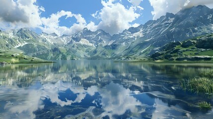 a lake in the middle of an alpine valley, the sky is reflected on the water