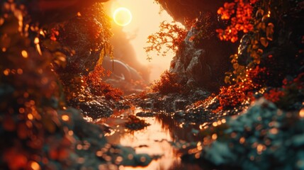 beautiful sun rise between two mountains and river. Generative Ai.