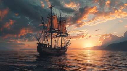 Sailing Ship in a Scene of Dramatic Discovery. Generative Ai.