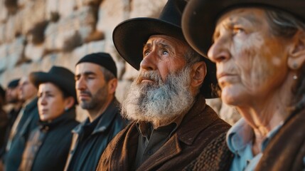 Jewish People in traditional attire standing in front of the Western Wall in Jerusalem during Yom HaZikaron. Deep reflection and Prayer in Memorial Day. AI Generated
